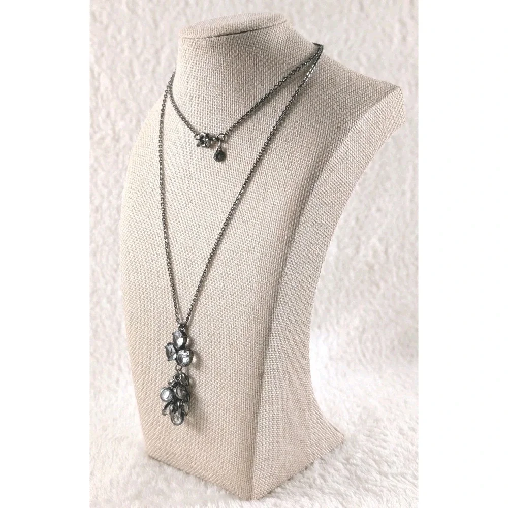 J.Crew Crystal Cluster Pendant Necklace Gunmetal Chain‎ Long Statement Jewelry